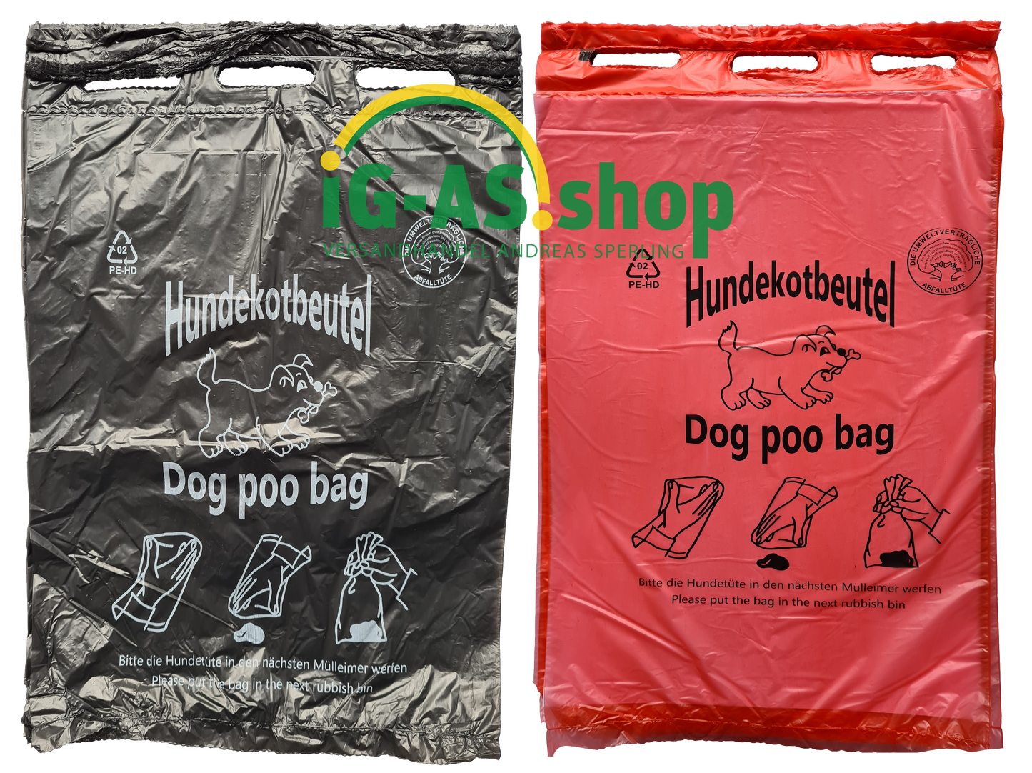 Abbildung zweier Hundekotbeutel. Links in Schwarz und rechts in Rot. Beide Hundekotbeutel sind mit einer Aufschrift "Hundekotbeutel Dog poo bag" bedruckt. Auf dem Bild ebenfalls zu sehen ist das Logo des Versandhandel Andreas Sperling.
