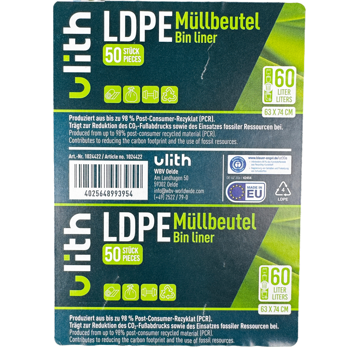 60L LDPE Müllbeutel - 10 my - 98% PCR - Blauer Engel - Made in EU