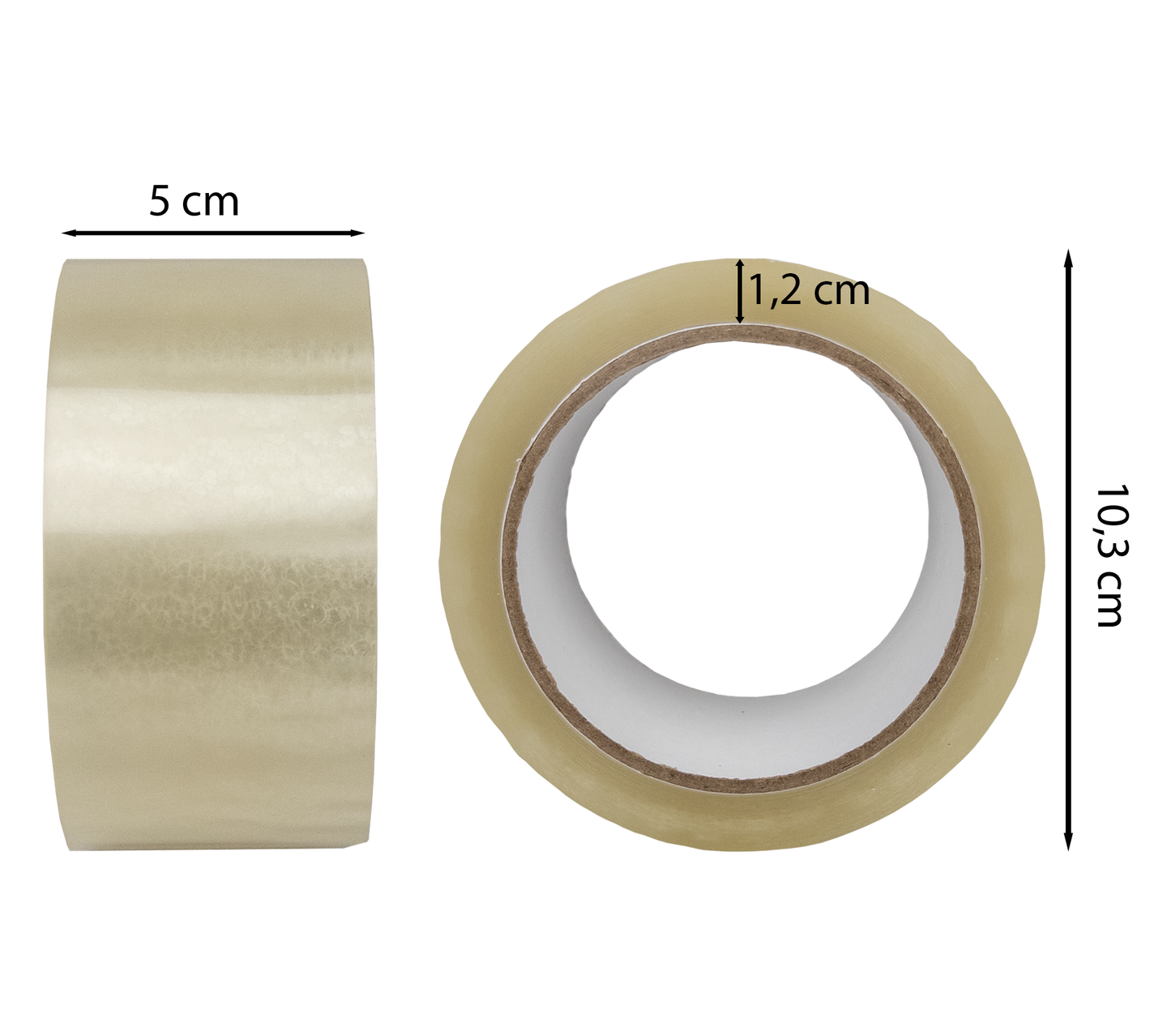 Maße transparente Klebebandrolle – 5 cm Breite, 10,3 cm Außendurchmesser, 1,2 cm Wandstärke – ideal für Versand und Verpackung