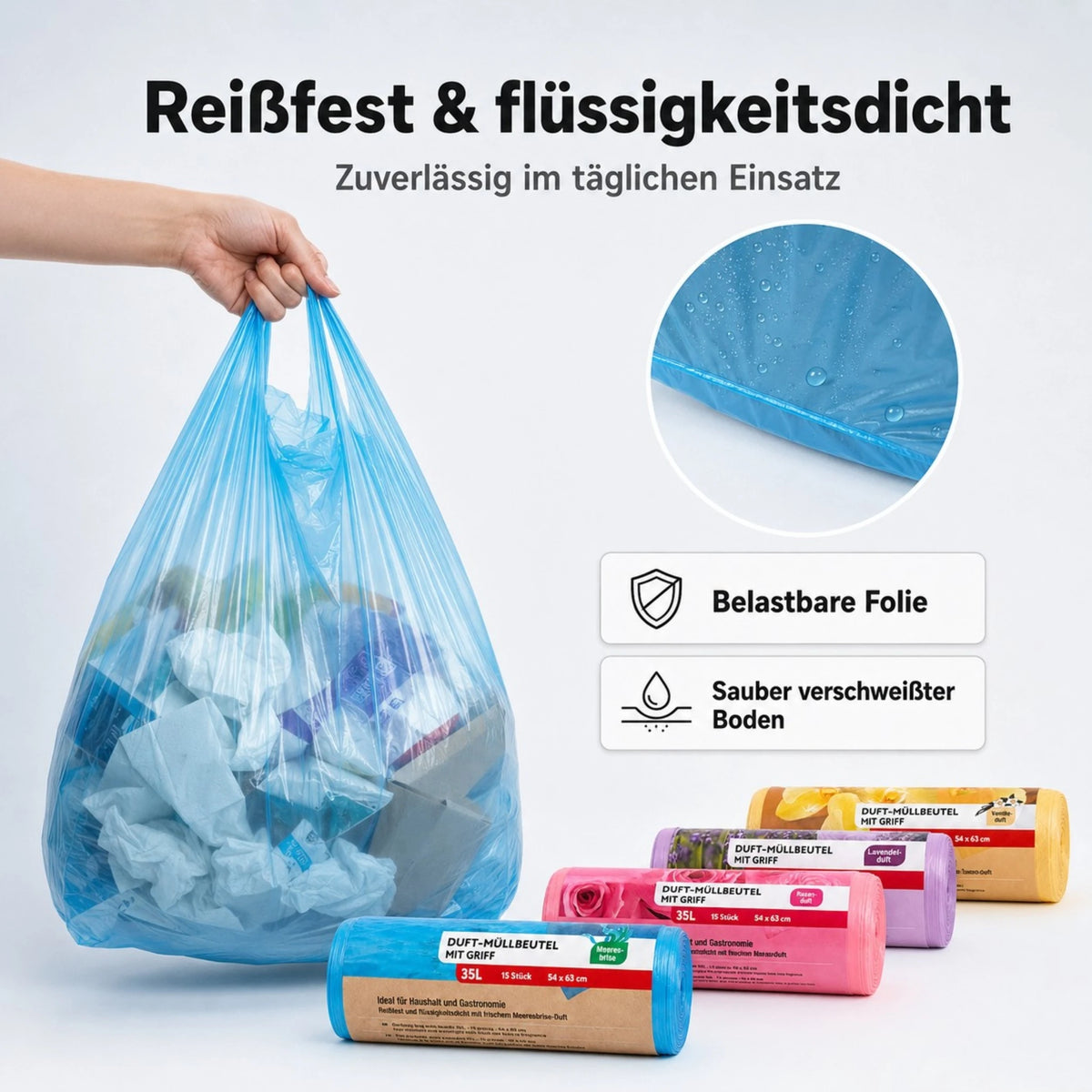Müllbeutel mit Tragegriff 35L - 4 Düfte – 60 Stück