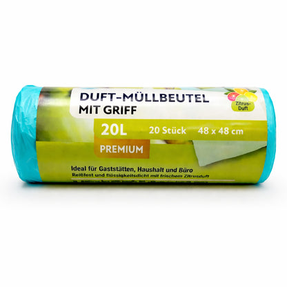 Müllbeutel 20 Liter mit Tragegriff & Zitrusduft – 20er Rolle | Reißfeste Premium Mülltüten