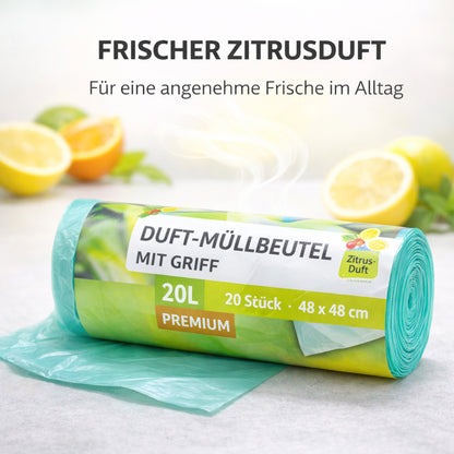 Müllbeutel 20 Liter mit Tragegriff & Zitrusduft – 20er Rolle | Reißfeste Premium Mülltüten