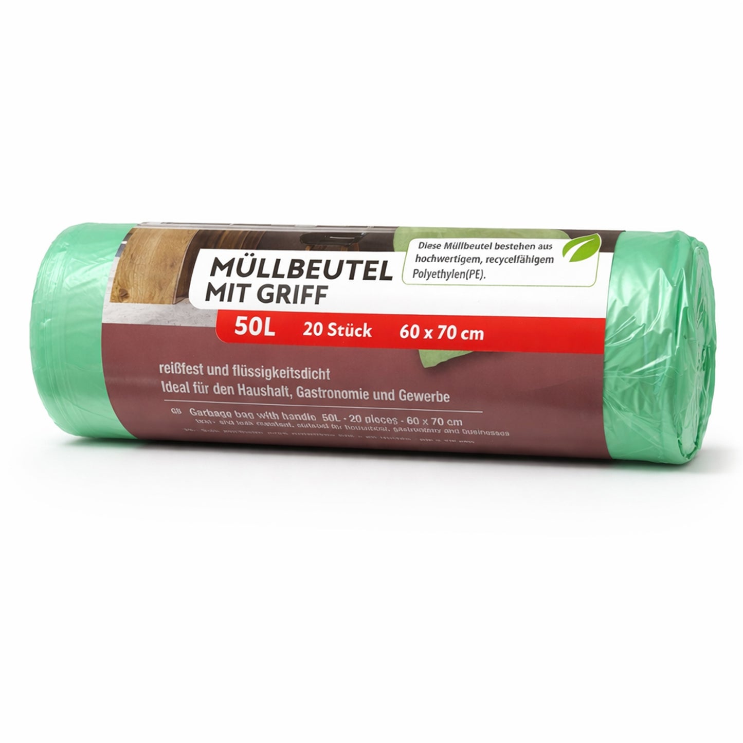 Müllsäcke mit Tragegriff | 50L | 20 Stück auf Rolle | Reißfest & Flüssigkeitsdicht