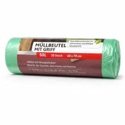 Müllsäcke mit Tragegriff | 50L | 20 Stück auf Rolle | Reißfest & Flüssigkeitsdicht