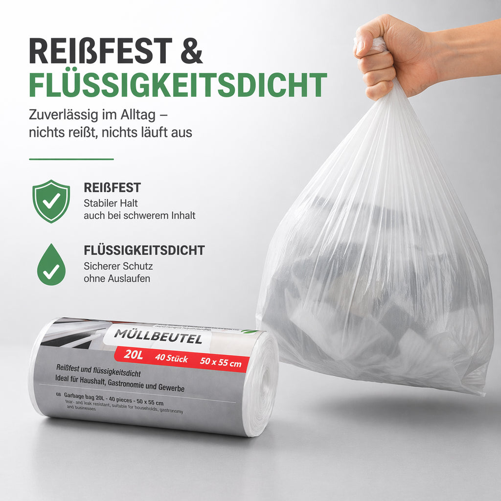 Müllbeutel mit Tragegriff 20L transparent – 40 Stück auf Rolle