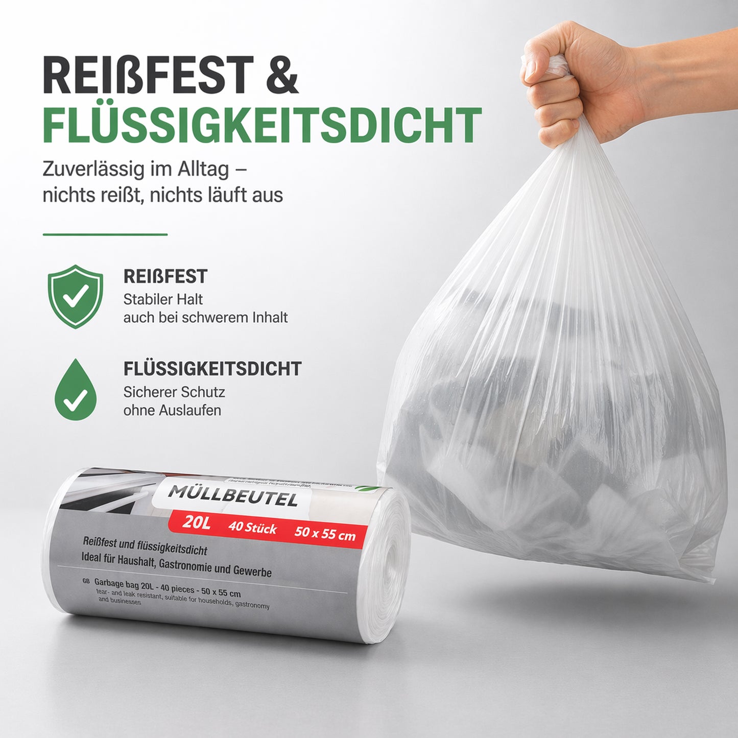 Müllbeutel mit Tragegriff 20L transparent – 40 Stück auf Rolle