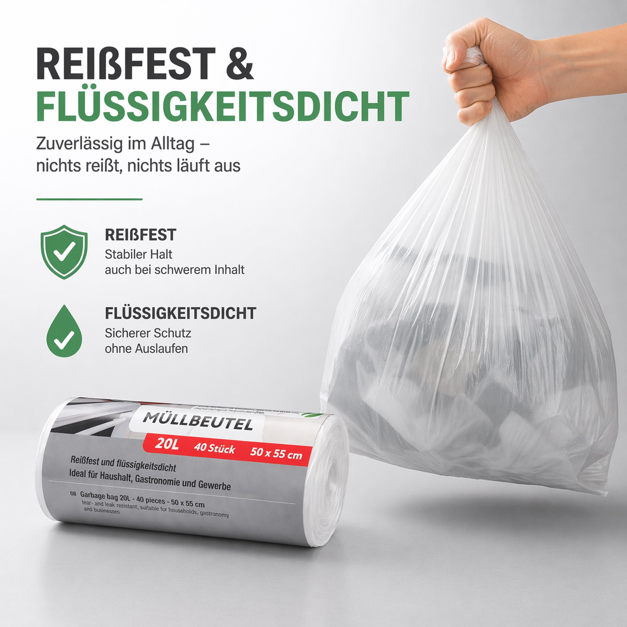 Müllbeutel mit Tragegriff 20L transparent – 40 Stück auf Rolle