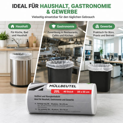Müllbeutel mit Tragegriff 20L transparent – 40 Stück auf Rolle