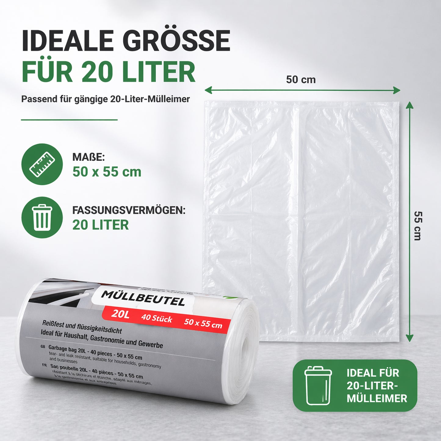 Müllbeutel mit Tragegriff 20L transparent – 40 Stück auf Rolle