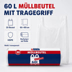 Müllbeutel mit Tragegriff 60L | Reißfest & Flüssigkeitsdicht
