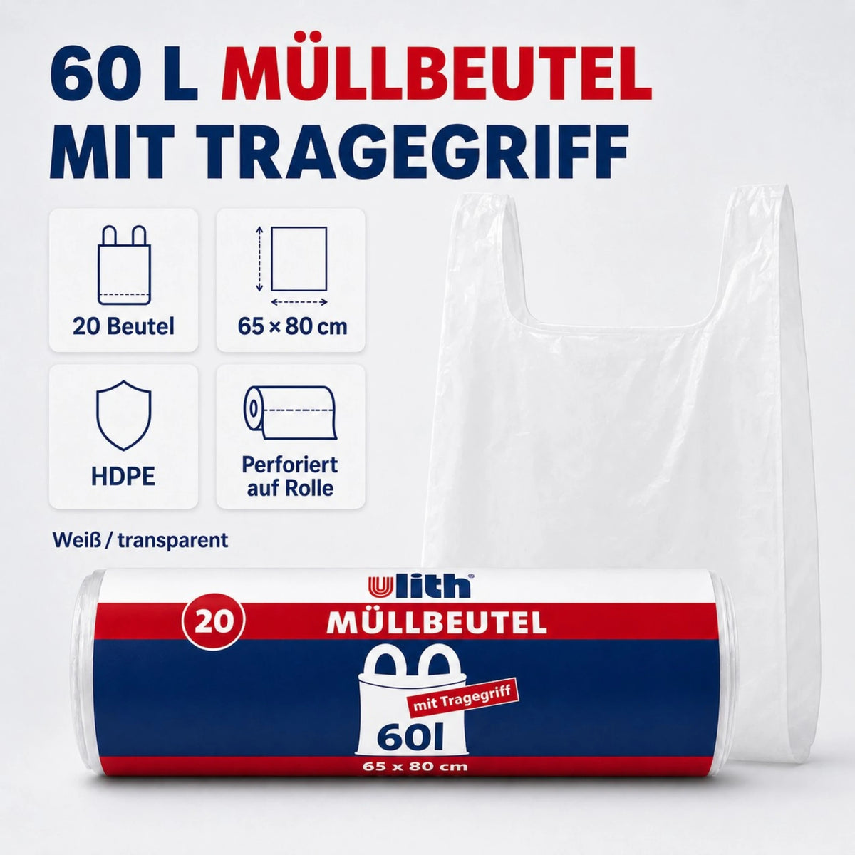 Müllbeutel mit Tragegriff 60L | Reißfest & Flüssigkeitsdicht