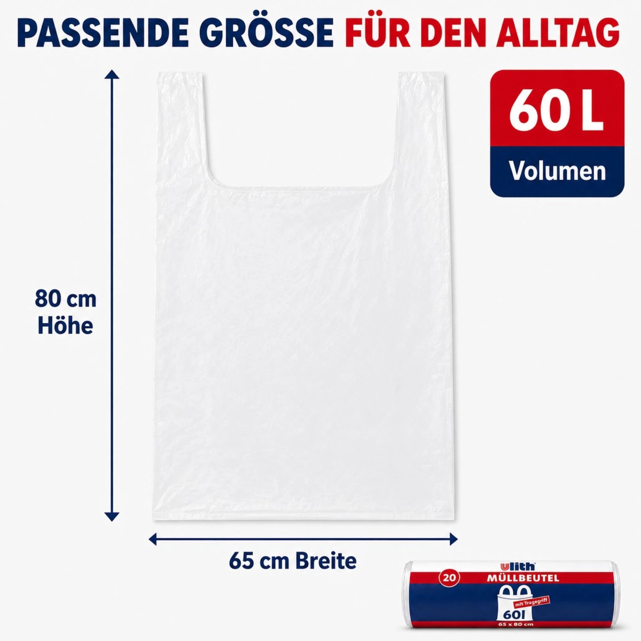 Müllbeutel mit Tragegriff 60L | Reißfest & Flüssigkeitsdicht