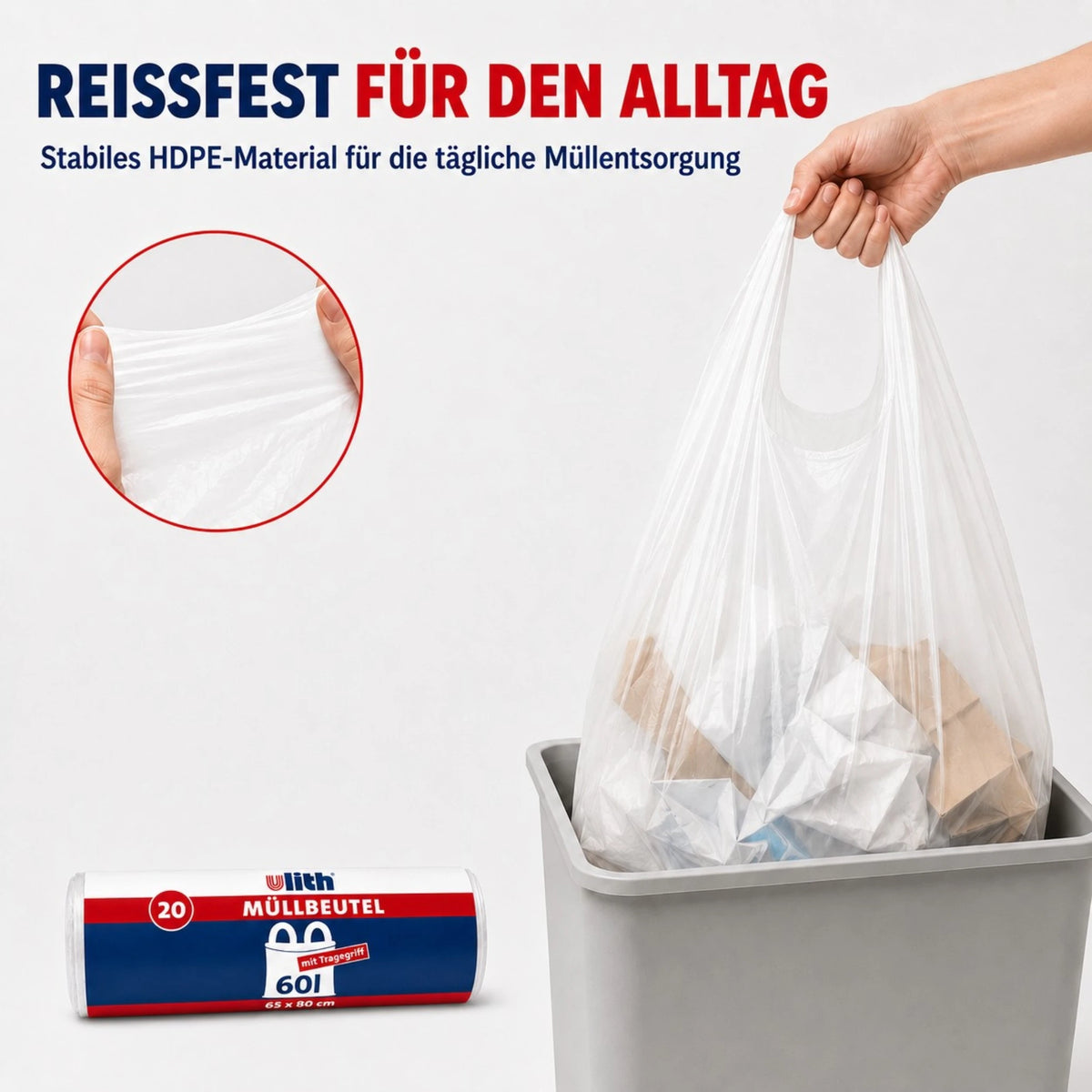 Müllbeutel mit Tragegriff 60L | Reißfest & Flüssigkeitsdicht