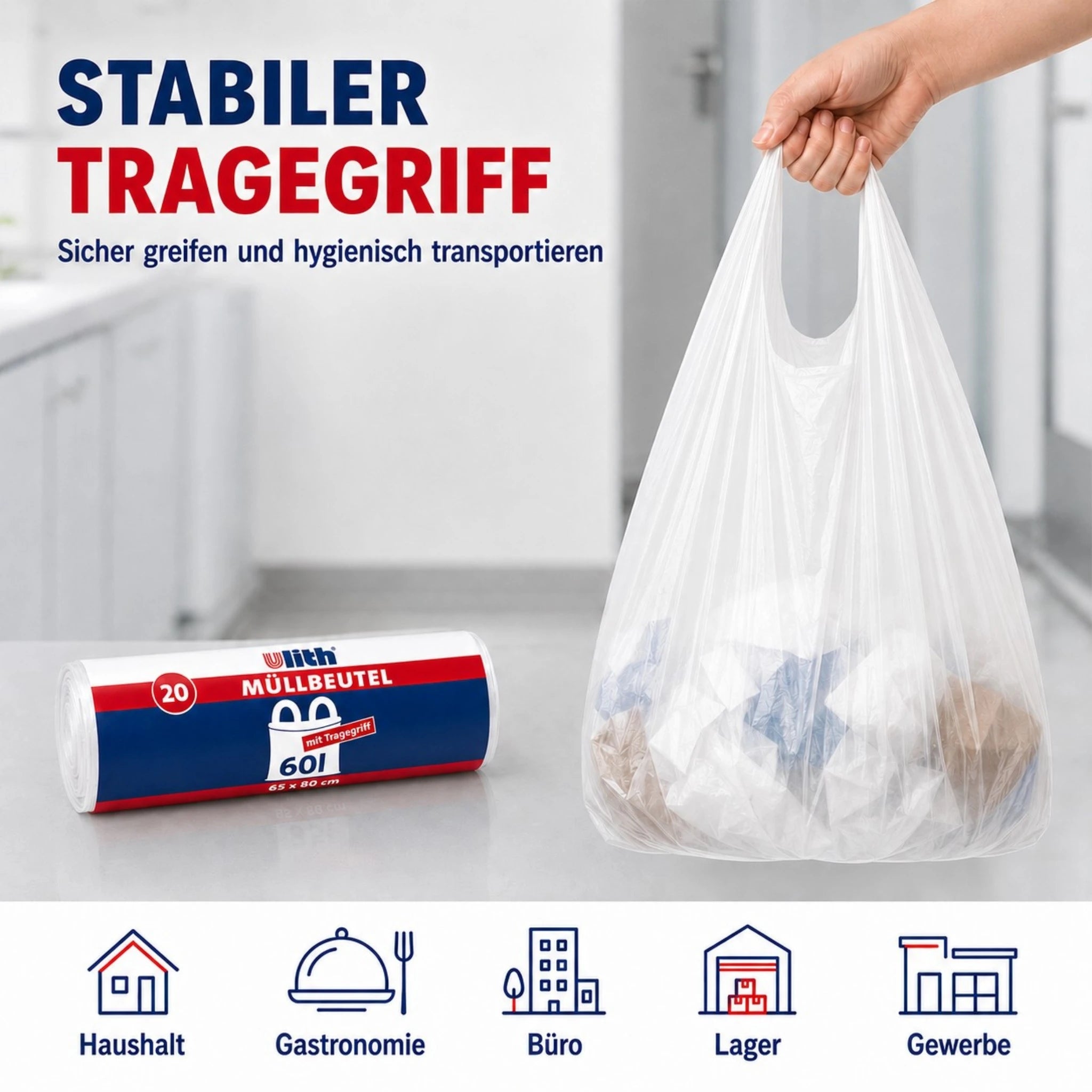 Müllbeutel mit Tragegriff 60L | Reißfest & Flüssigkeitsdicht