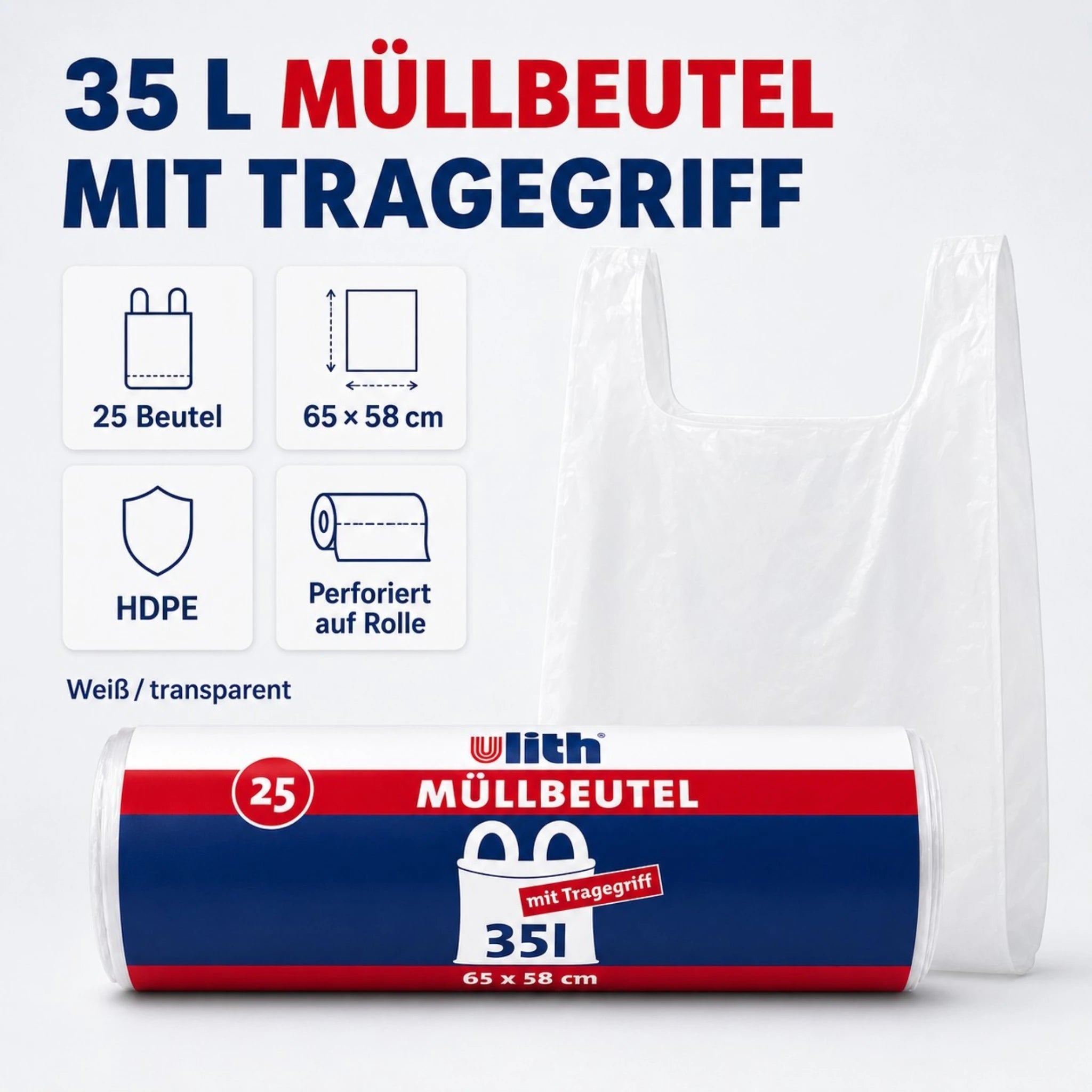 35L Müllbeutel mit Tragegriff - Transparent - Reißfest & Flüssigkeitsdicht