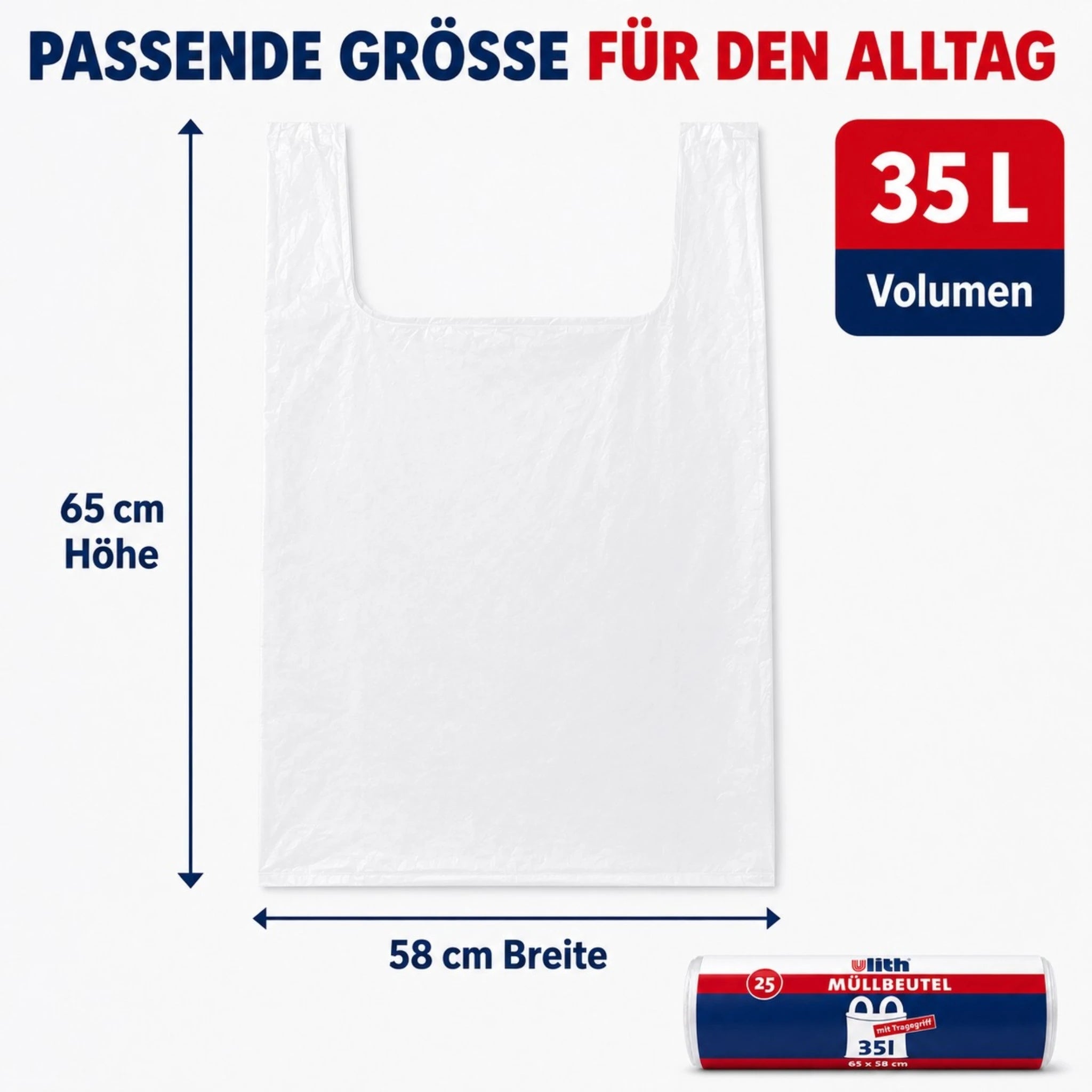 35L Müllbeutel mit Tragegriff - Transparent - Reißfest & Flüssigkeitsdicht