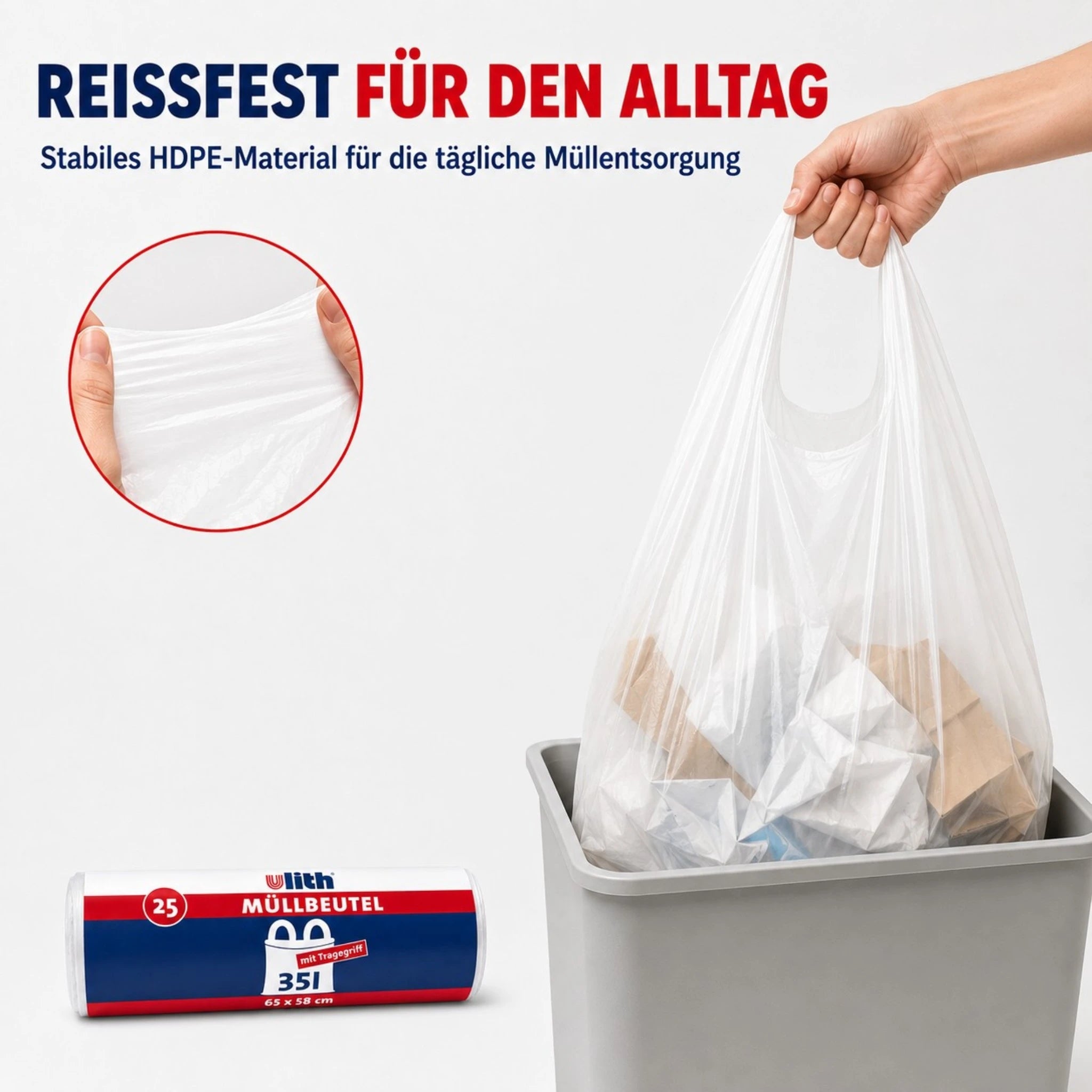 35L Müllbeutel mit Tragegriff - Transparent - Reißfest & Flüssigkeitsdicht