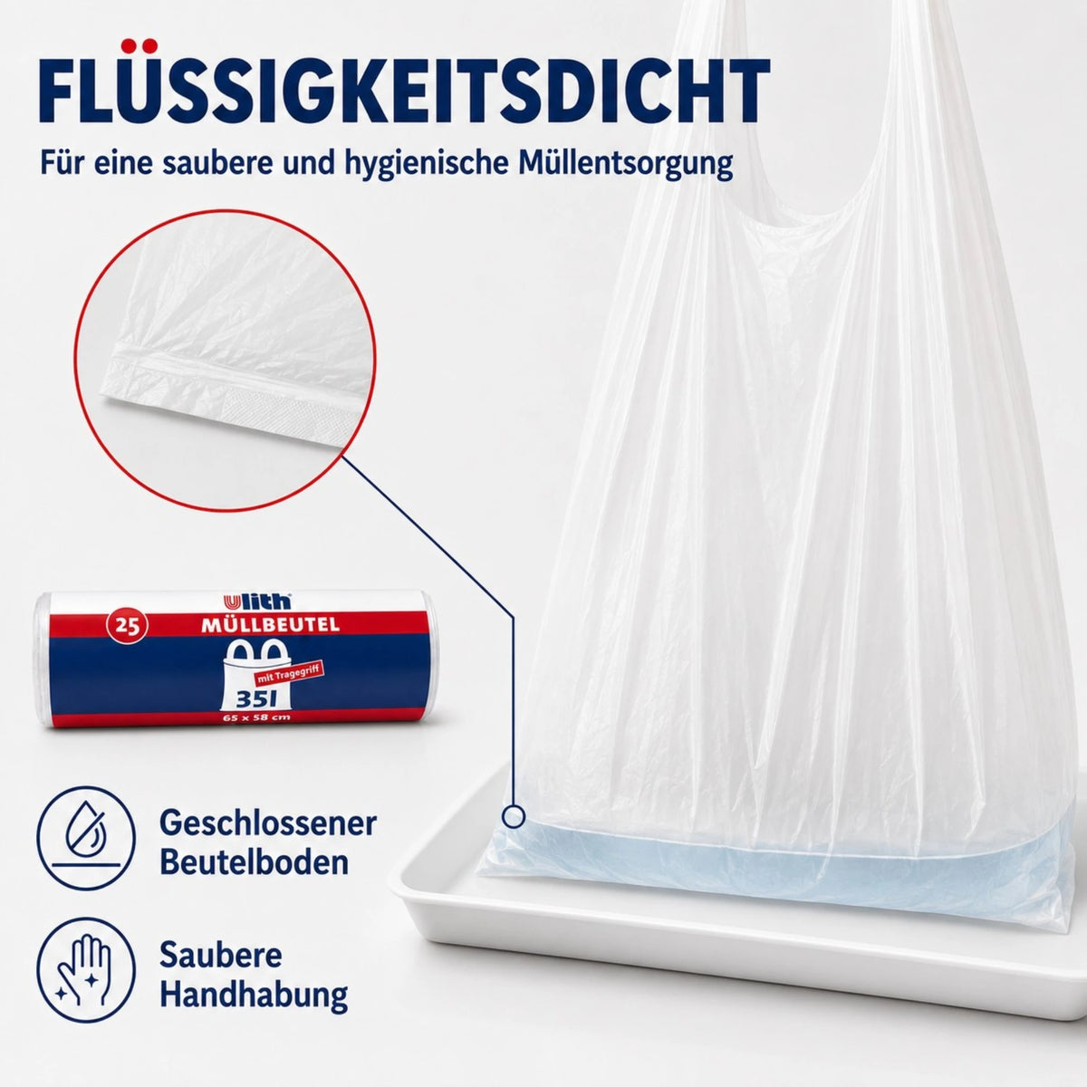 35L Müllbeutel mit Tragegriff - Transparent - Reißfest & Flüssigkeitsdicht