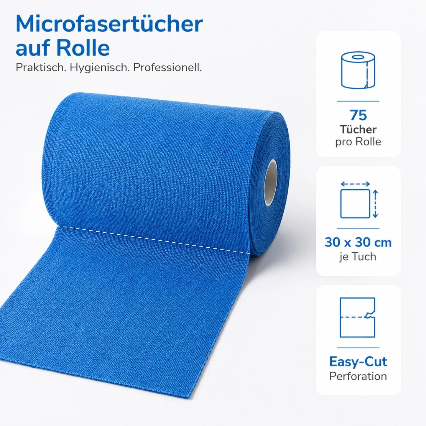 Microfasertücher auf Rolle - 75 Stück - Blau - 30 x 30 cm
