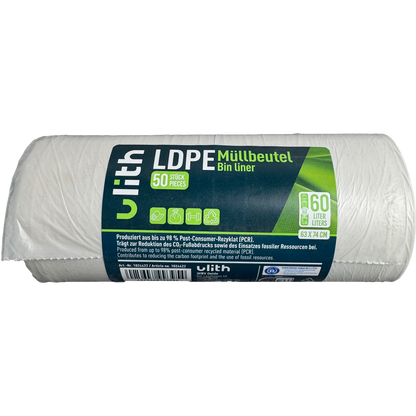 60L LDPE Müllbeutel - 10 my - 98% PCR - Blauer Engel - Made in EU