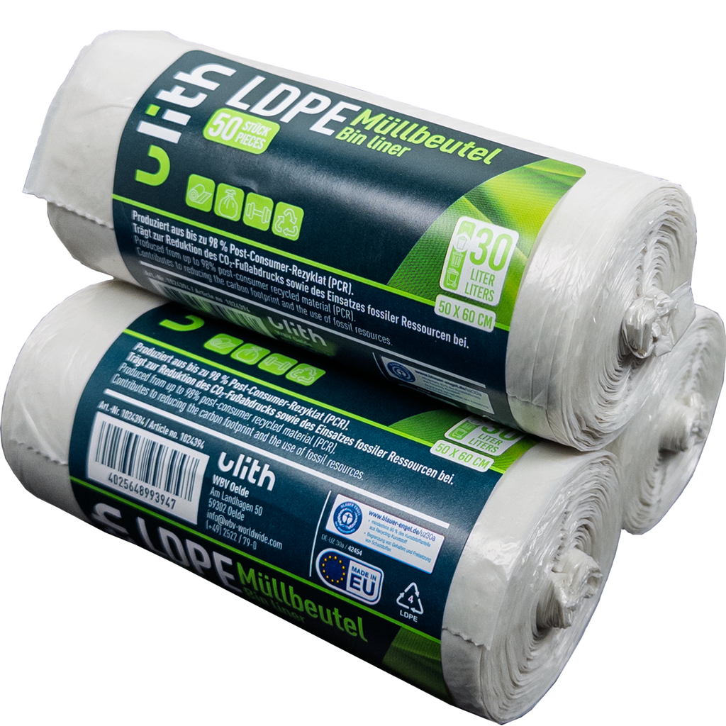 30L LDPE Müllbeutel - 9 my - 98% PCR - Blauer Engel - Made in EU