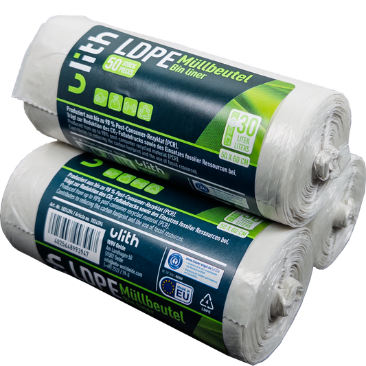 30L LDPE Müllbeutel - 9 my - 98% PCR - Blauer Engel - Made in EU