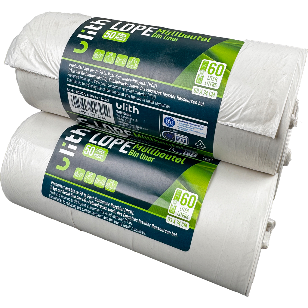 60L LDPE Müllbeutel - 10 my - 98% PCR - Blauer Engel - Made in EU