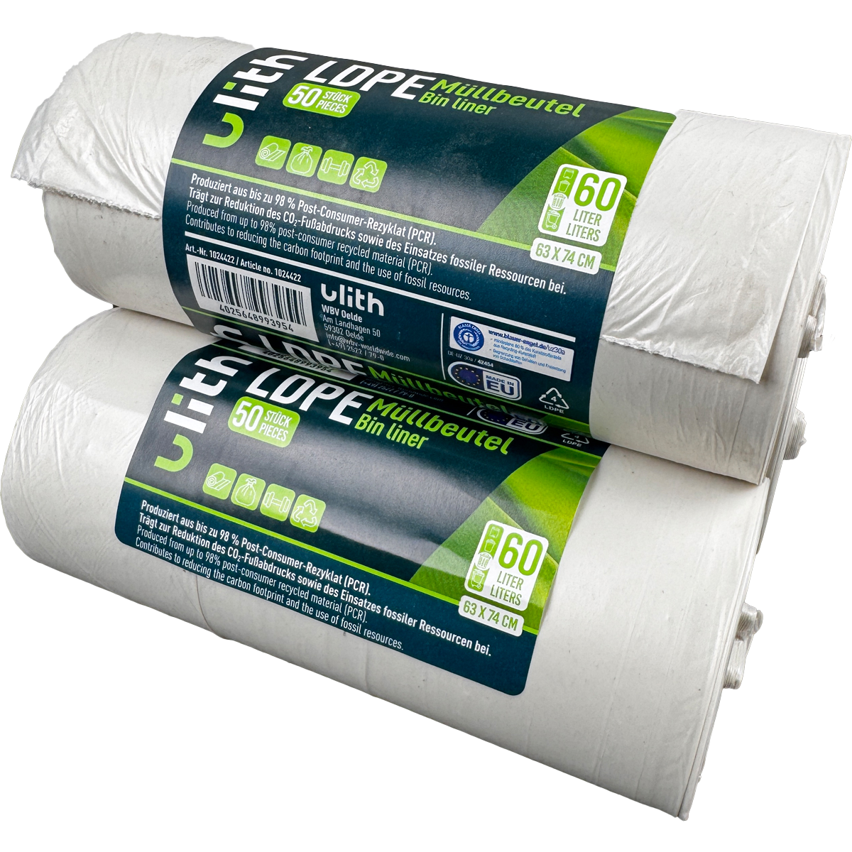 60L LDPE Müllbeutel - 10 my - 98% PCR - Blauer Engel - Made in EU