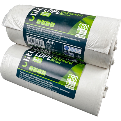 60L LDPE Müllbeutel - 10 my - 98% PCR - Blauer Engel - Made in EU