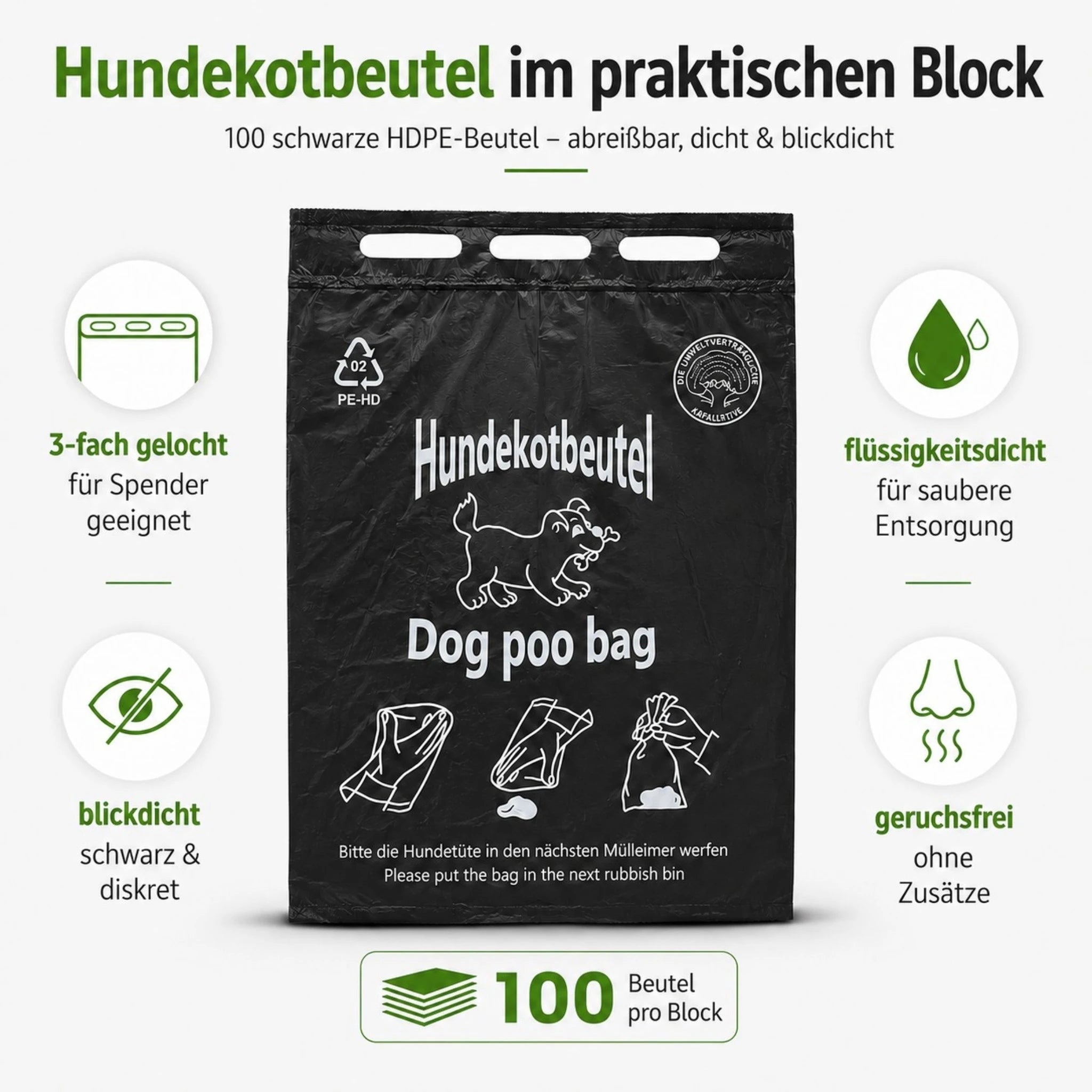 Hundekotbeutel 20x32+3cm - Im Block zu je 100 Stück