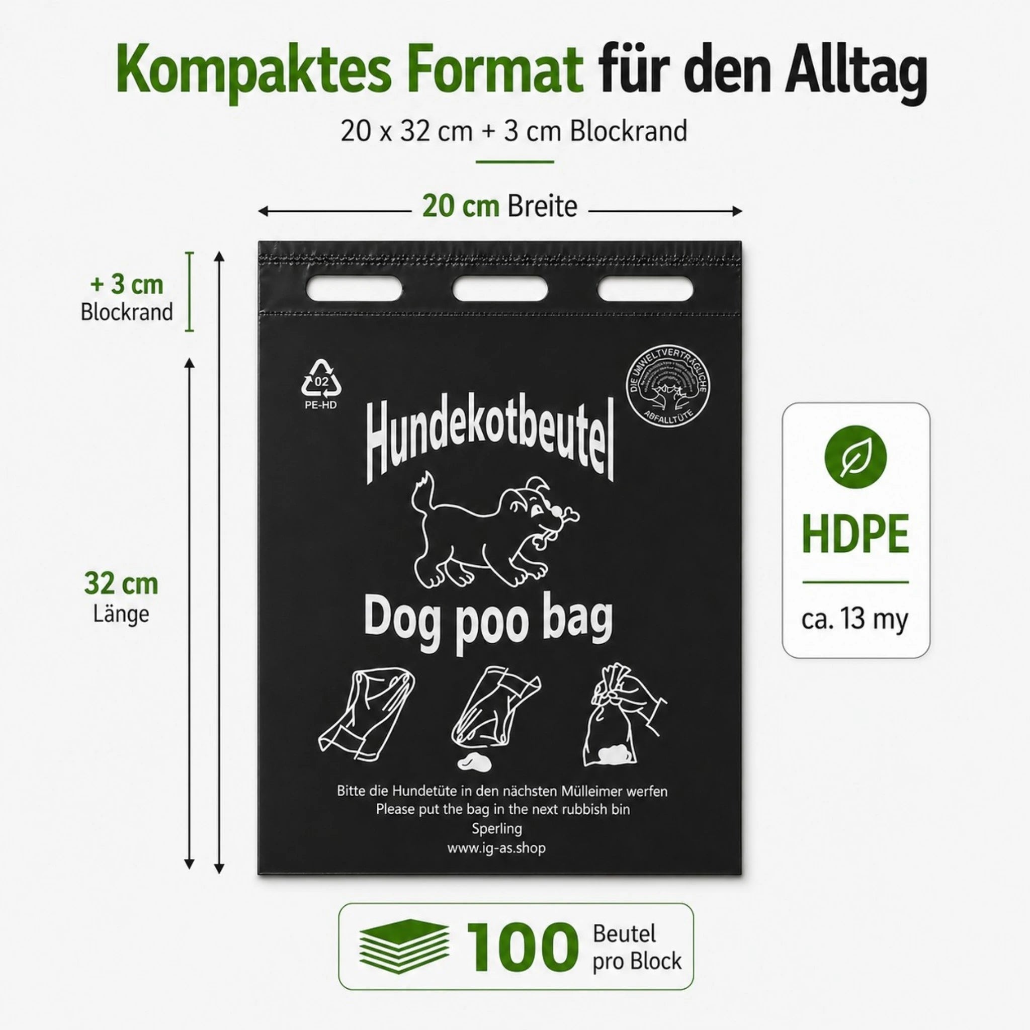 Hundekotbeutel 20x32+3cm - Im Block zu je 100 Stück