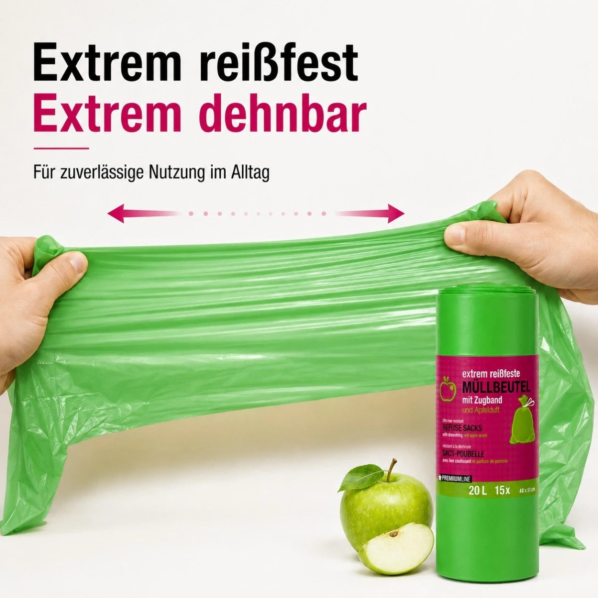 Müllbeutel mit Zugband 20L – Apfel Duft | Extrem Reißfest