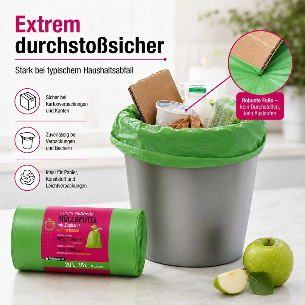 Müllbeutel mit Zugband 20L – Apfel Duft | Extrem Reißfest