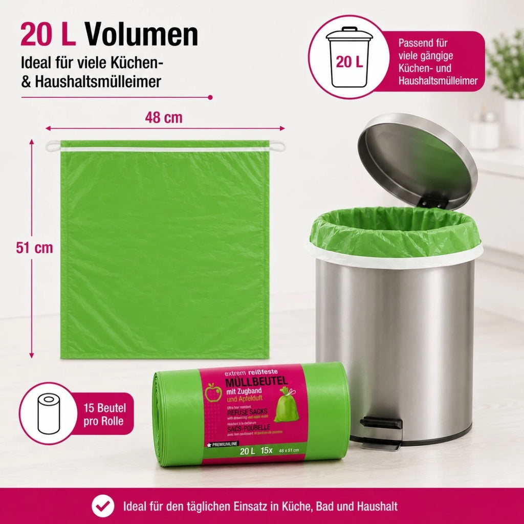 Müllbeutel mit Zugband 20L – Apfel Duft | Extrem Reißfest