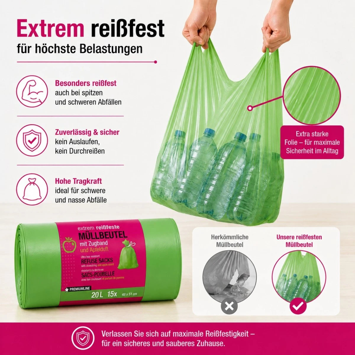 Müllbeutel mit Zugband 20L – Apfel Duft | Extrem Reißfest