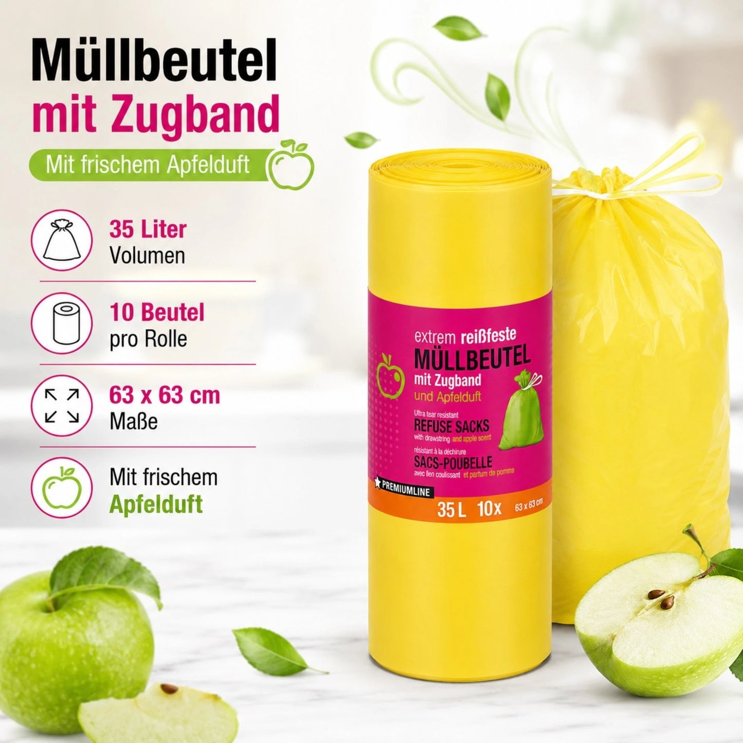 Müllbeutel mit Zugband 35L – Apfel Duft | Extrem Reißfest