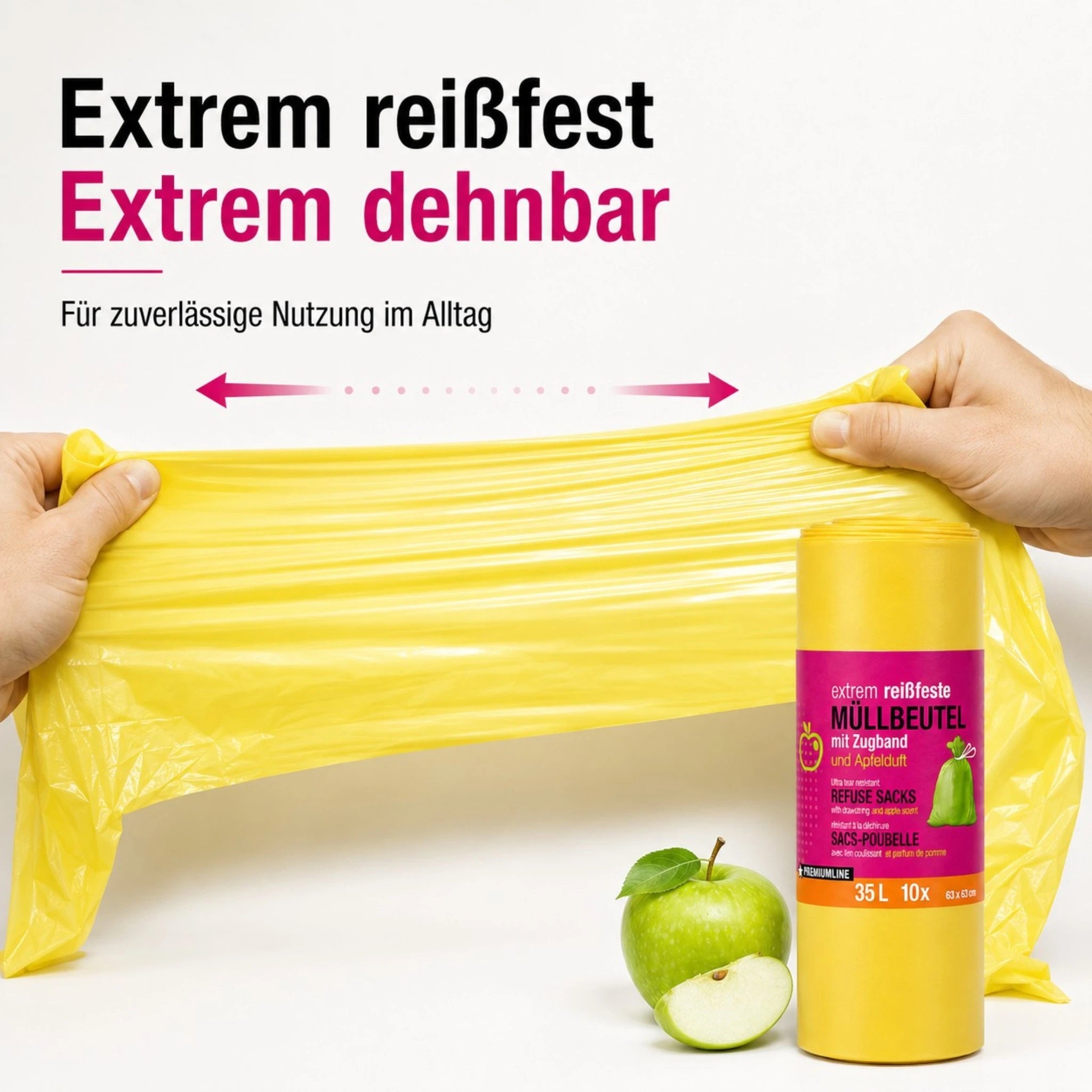 Müllbeutel mit Zugband 35L – Apfel Duft | Extrem Reißfest