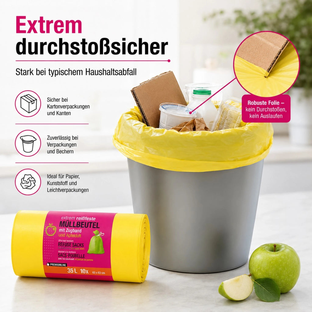 Müllbeutel mit Zugband 35L – Apfel Duft | Extrem Reißfest