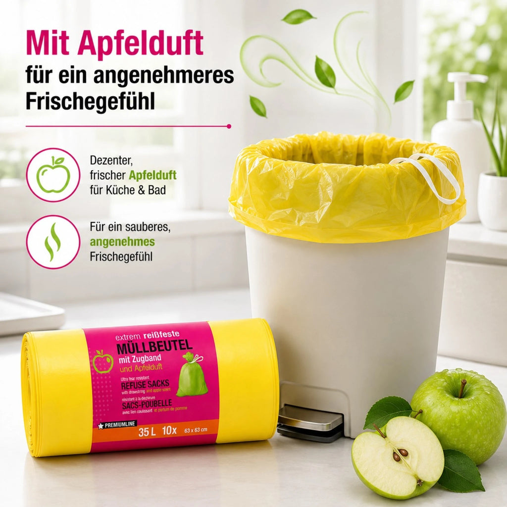 Müllbeutel mit Zugband 35L – Apfel Duft | Extrem Reißfest