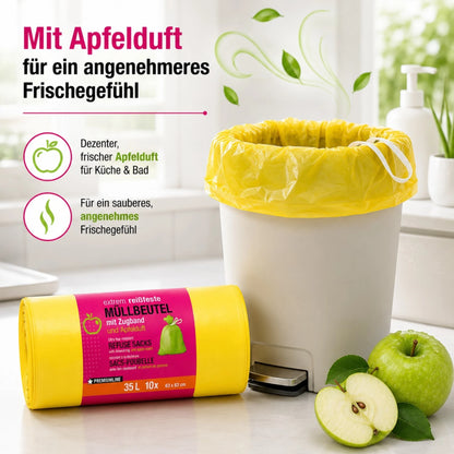 Müllbeutel mit Zugband 35L – Apfel Duft | Extrem Reißfest