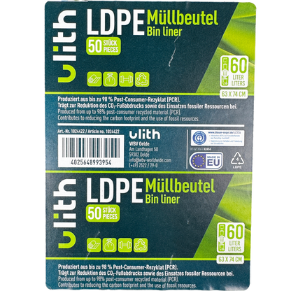 60L LDPE Müllbeutel - 10 my - 98% PCR - Blauer Engel - Made in EU