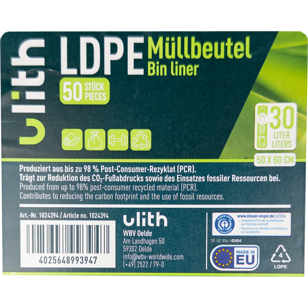 30L LDPE Müllbeutel - 9 my - 98% PCR - Blauer Engel - Made in EU