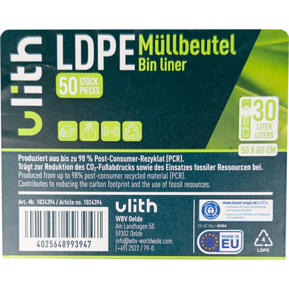 30L LDPE Müllbeutel - 9 my - 98% PCR - Blauer Engel - Made in EU