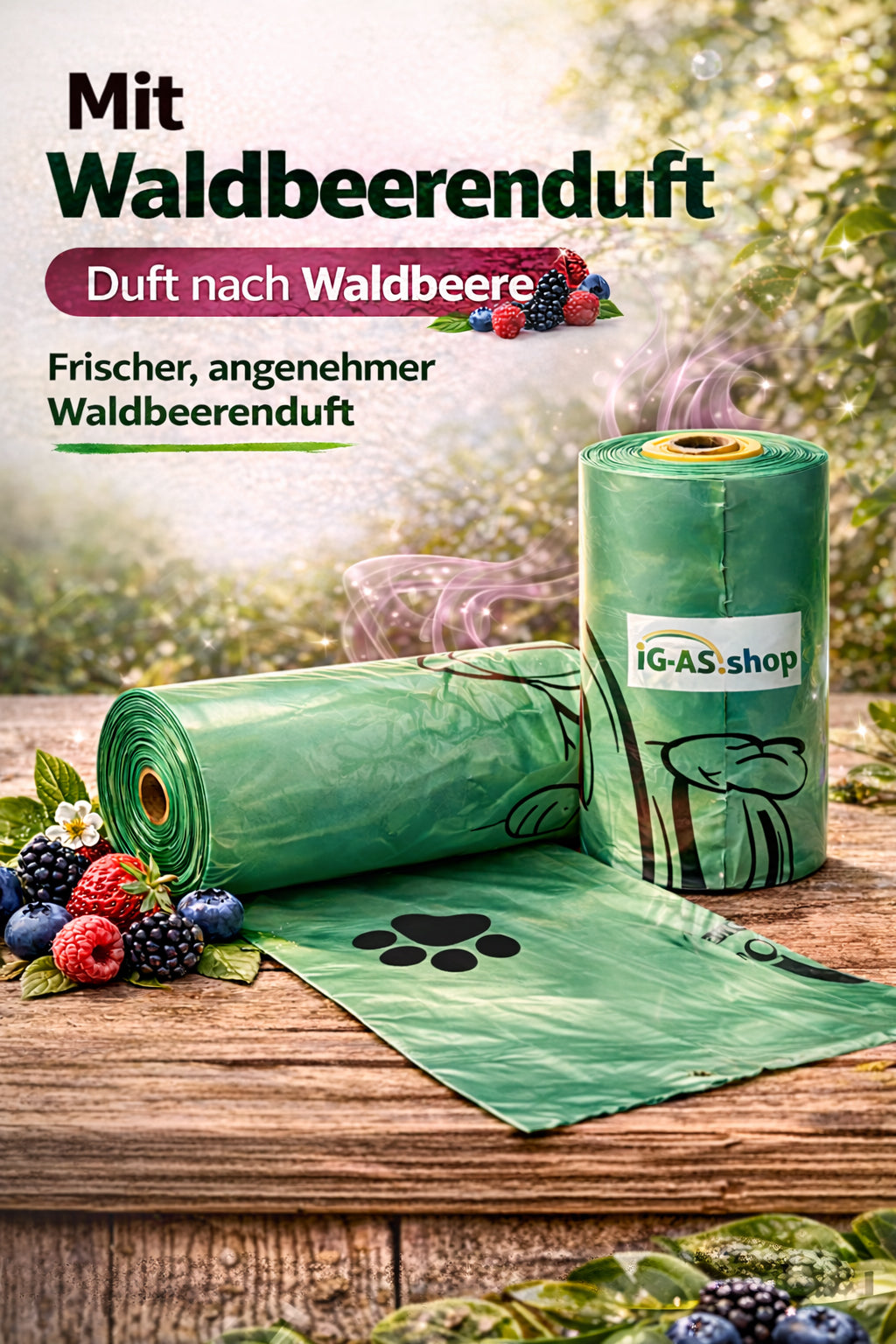 Hundekotbeutel mit Waldbeerenduft auf Rolle – 360 Stück (24 Rollen)