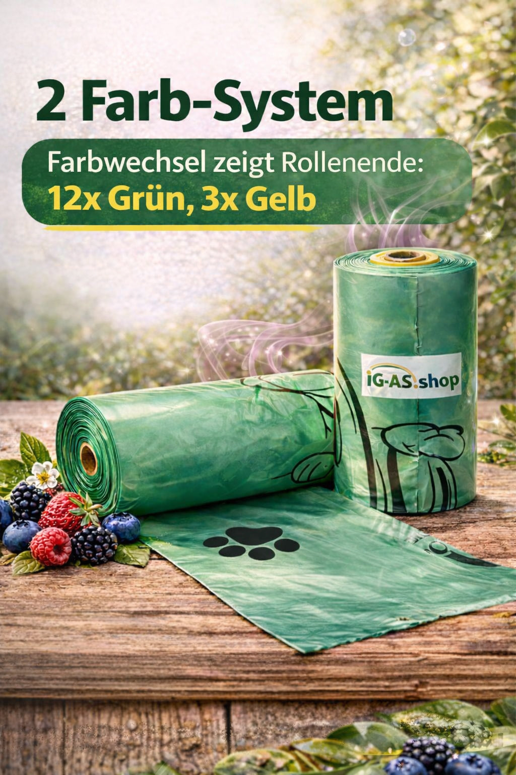 Hundekotbeutel mit Waldbeerenduft auf Rolle – 360 Stück (24 Rollen)