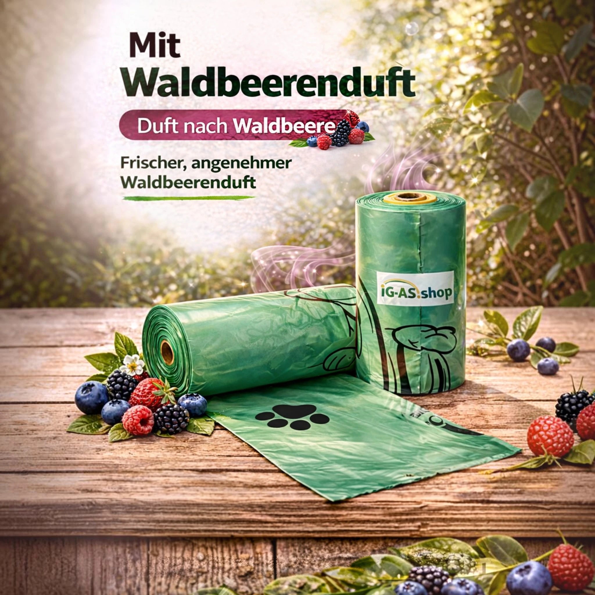 Hundekotbeutel mit Waldbeerenduft auf Rolle – 360 Stück (24 Rollen)