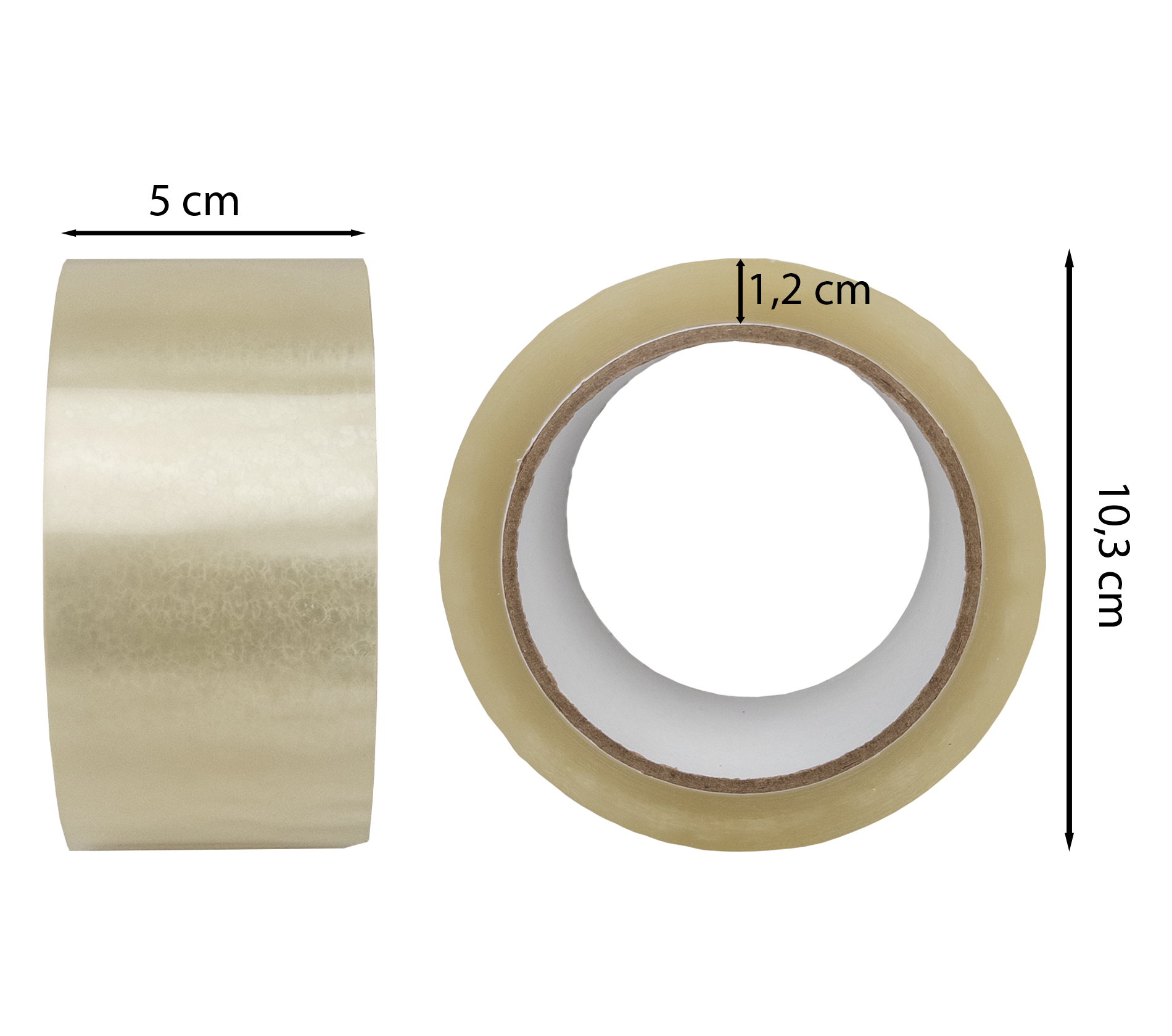 Maße transparente Klebebandrolle – 5 cm Breite, 10,3 cm Außendurchmesser, 1,2 cm Wandstärke – ideal für Versand und Verpackung