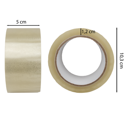 Maße transparente Klebebandrolle – 5 cm Breite, 10,3 cm Außendurchmesser, 1,2 cm Wandstärke – ideal für Versand und Verpackung