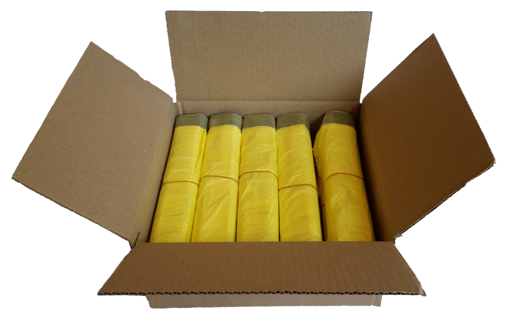 Abbildung eines offenen Pakets mit 10 Rollen gelben Säcken zur Veranschaulichung des Versandpakets.