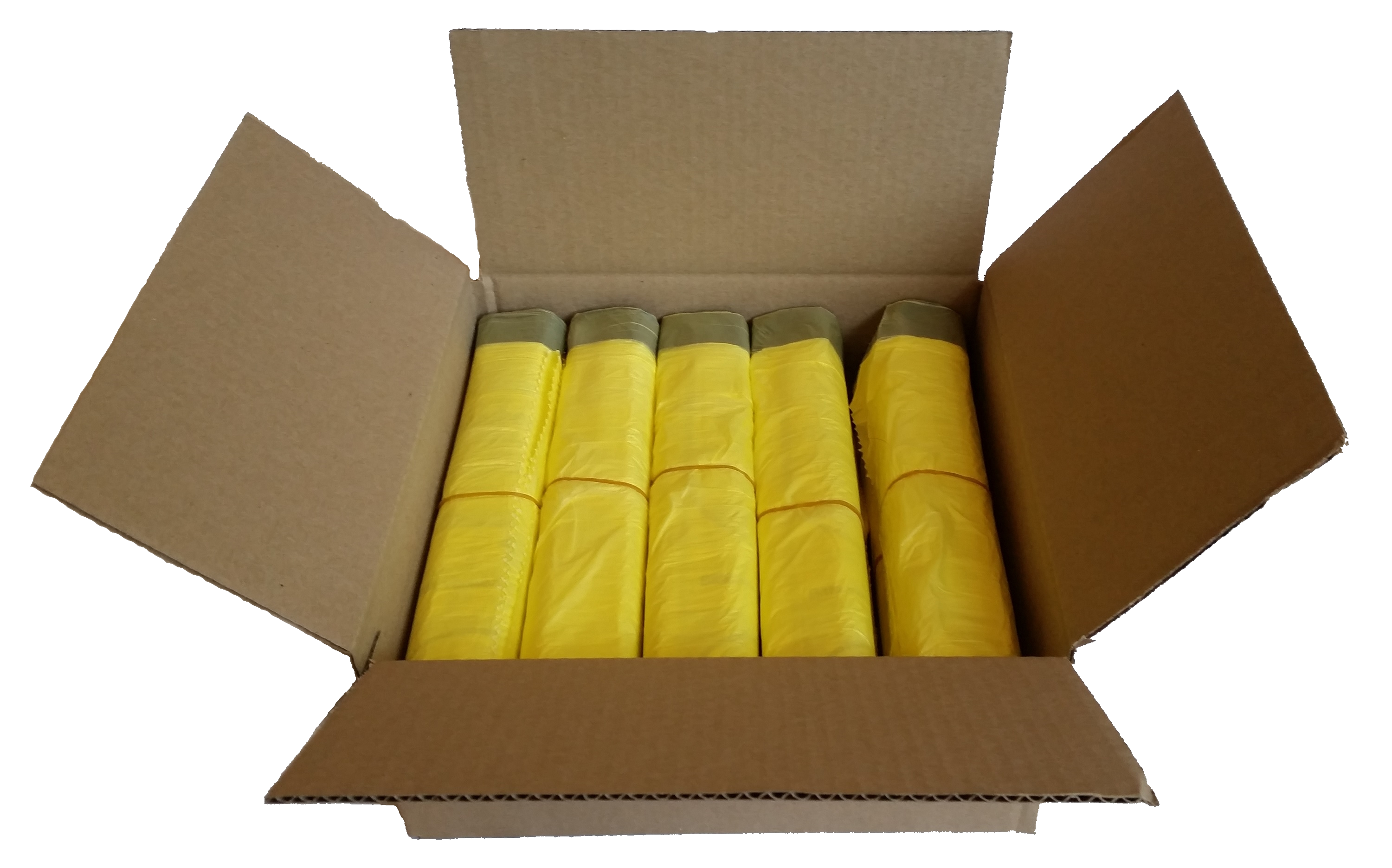 Abbildung eines offenen Pakets mit 10 Rollen gelben Säcken zur Veranschaulichung des Versandpakets.